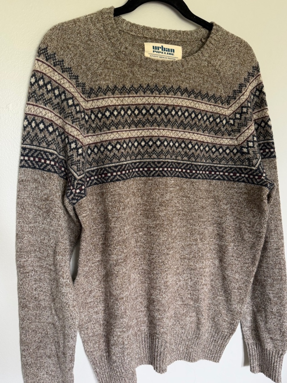 urban pipeline Brown Crewneck Sweater with Fair Isle Yoke